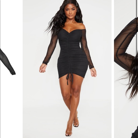 Black Mesh Ruched Bardot Bodycon Dress NWT - Picture 5 of 6